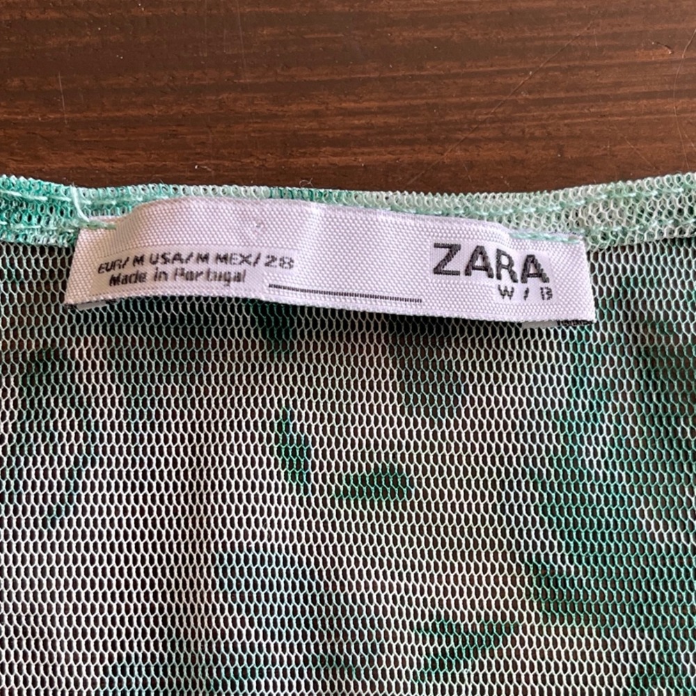 Zara Green Floral Rose Mesh Sheer Ruched Sleeve Top Womens Medium M - Picture 3 of 5